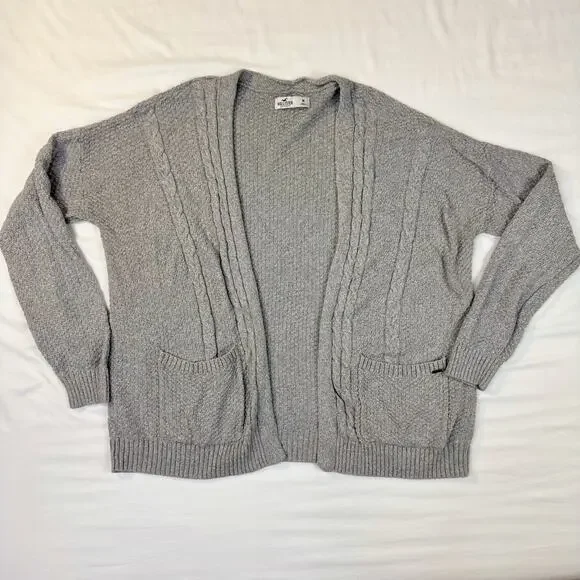 Hollister Gray Cable Knit Cardigan Women’s Medium Chunky Cotton Cozy Coastal - Picture 12 of 15